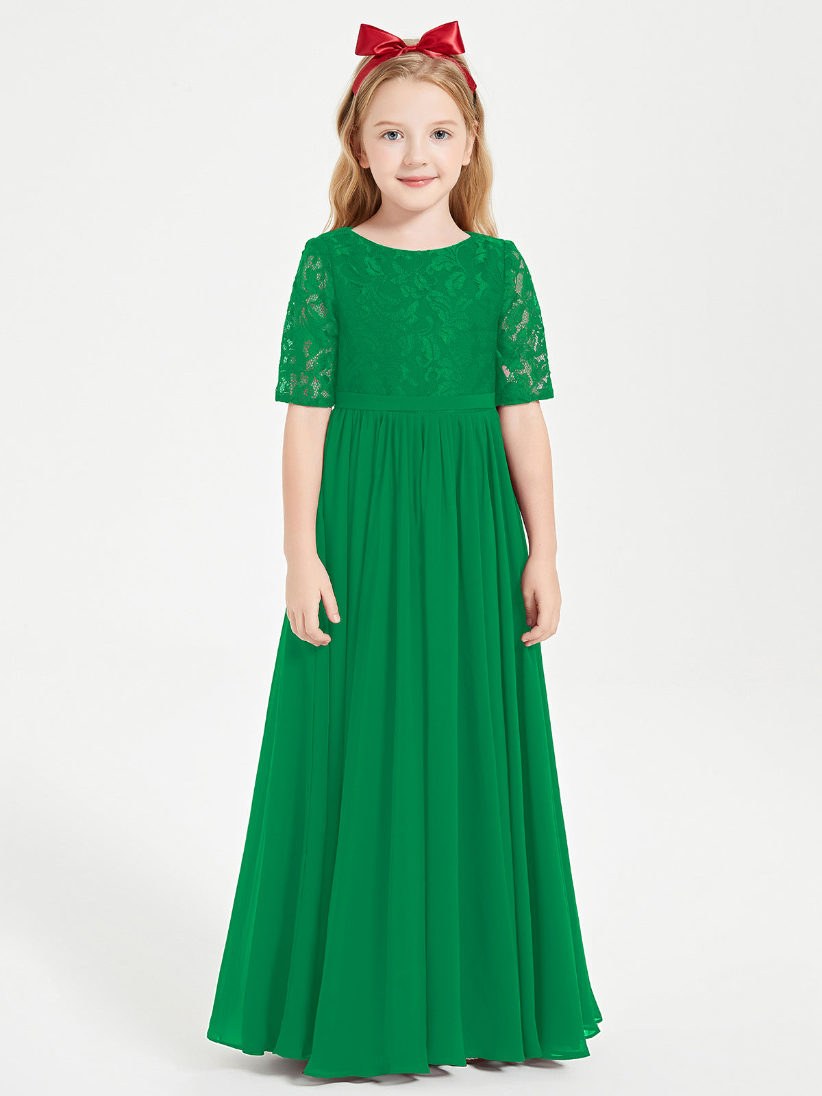 Lace Top Half Sleeved Junior Bridesmaids Dresses Emerald